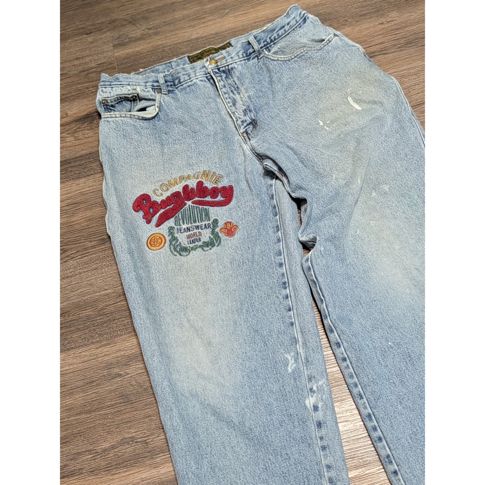 Vintage Bugle Boy Goldcrest Embroidered Baggy Jeans Light Wash 36x32 Mens 90s